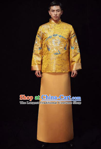Chinese Traditional Wedding Costumes Ancient Bridegroom Yellow Long Gown for Men