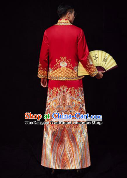Chinese Traditional Wedding Red Costumes Ancient Bridegroom Long Gown for Men
