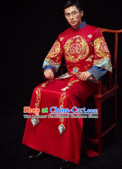 Chinese Traditional Wedding Red Embroidered Costumes Ancient Bridegroom Toast Clothing for Men