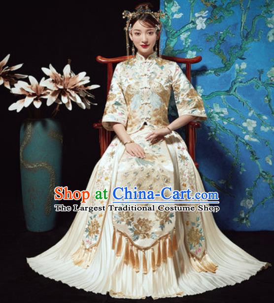 Chinese Traditional Wedding Costumes White Xiuhe Suits Ancient Bride Embroidered Dress for Women