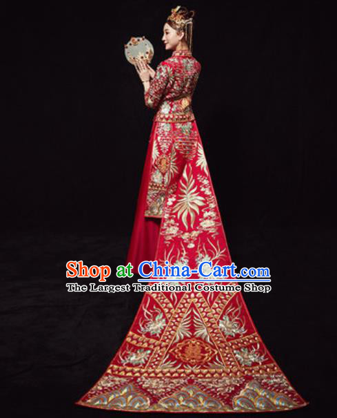 Chinese Traditional Wedding Costumes Embroidered Red Xiuhe Suits Ancient Bride Trailing Dress for Women