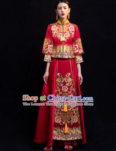 Traditional Chinese Wedding Costumes Ancient Bride Embroidered Peony Dress for Women