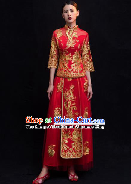 Traditional Chinese Wedding Costumes Ancient Bride Embroidered Red Veil Dress for Women