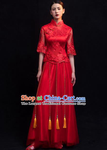 Traditional Chinese Wedding Costumes Ancient Bride Embroidered Red Lace Dress for Women