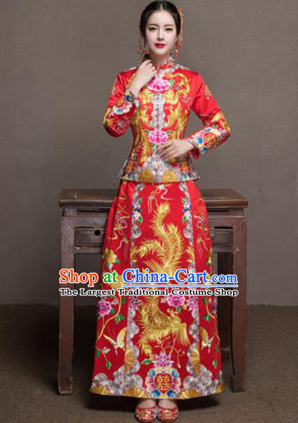 Traditional Chinese Wedding Bride Costumes Ancient Embroidered Phoenix Peony Red Dress for Women