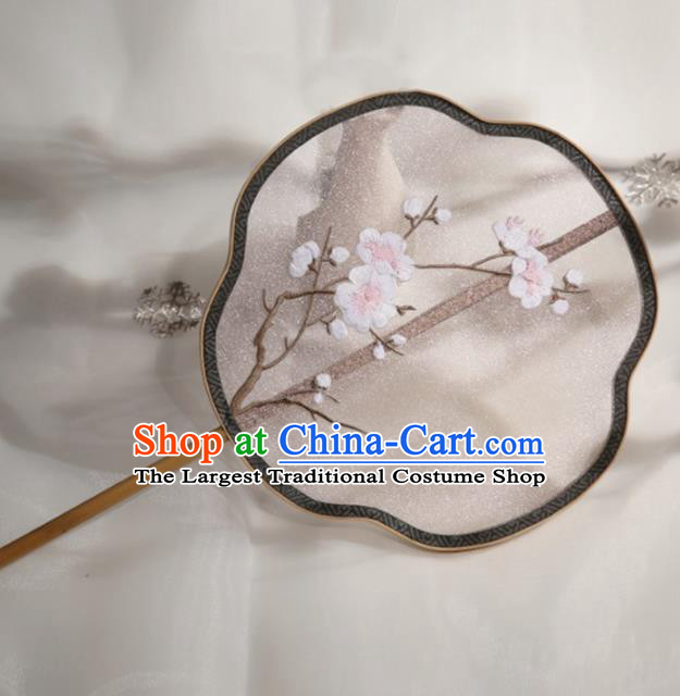 Chinese Traditional Palace Fans Hanfu Embroidered White Wintersweet Round Fans Ancient Silk Fan for Women