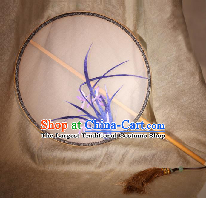 Chinese Ancient Traditional Palace Fans Hanfu Embroidered Orchid Round Fans Silk Fan for Women