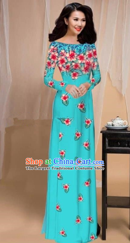 Asian Vietnam Traditional Printing Flowers Green Cheongsam Vietnamese Classical Ao Dai Qipao Dress for Women