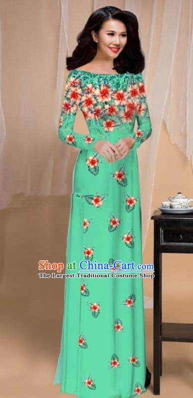 Asian Vietnam Traditional Printing Flowers Light Green Cheongsam Vietnamese Classical Ao Dai Qipao Dress for Women