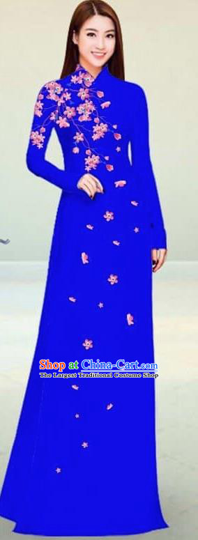 Asian Vietnam Traditional Royalblue Cheongsam Vietnamese Classical Ao Dai Qipao Dress for Women