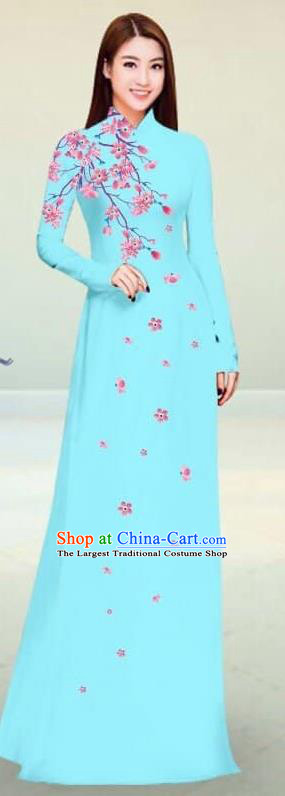 Asian Vietnam Traditional Lake Blue Cheongsam Vietnamese Classical Ao Dai Qipao Dress for Women