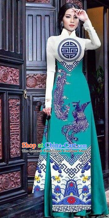 Asian Vietnam Traditional Printing Phoenix Peacock Green Cheongsam Vietnamese Ao Dai Qipao Dress for Women