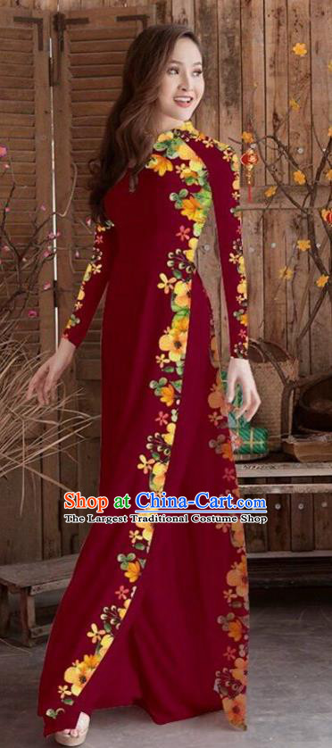Asian Vietnam Traditional Printing Cheongsam Vietnamese Purplish Red Ao Dai Qipao Dress for Women
