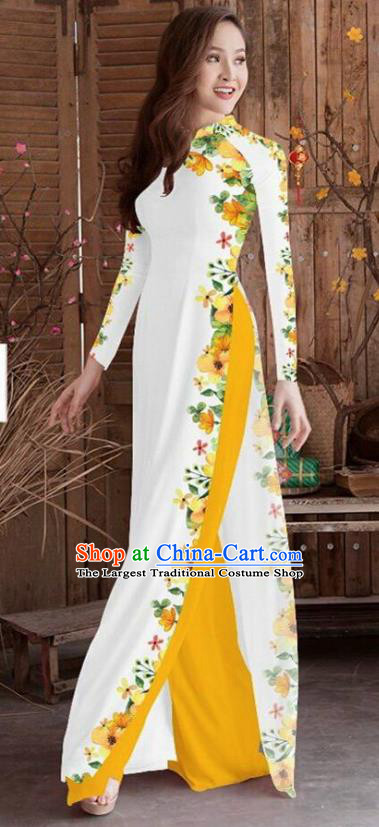 Asian Vietnam Traditional Printing Cheongsam Vietnamese White Ao Dai Qipao Dress for Women