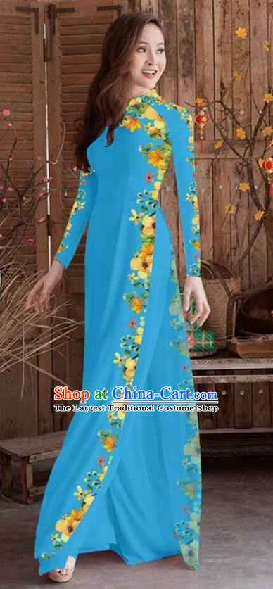 Asian Vietnam Traditional Printing Cheongsam Vietnamese Blue Ao Dai Qipao Dress for Women