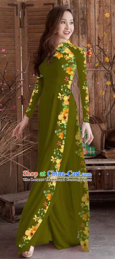 Asian Vietnam Traditional Printing Cheongsam Vietnamese Olive Green Ao Dai Qipao Dress for Women