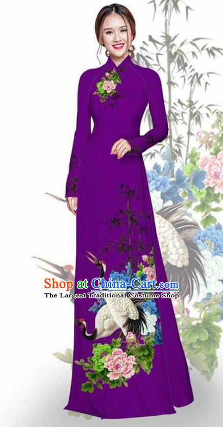 Asian Vietnam Traditional Printing Crane Peony Violet Cheongsam Vietnamese Ao Dai Qipao Dress for Women
