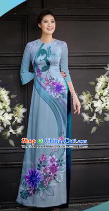 Asian Vietnam Traditional Printing Blue Cheongsam Vietnamese Ao Dai Qipao Dress for Women