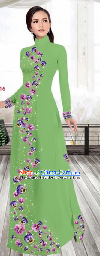 Asian Vietnam Traditional Female Costume Vietnamese Printing Green Cheongsam Ao Dai Qipao Dress for Women