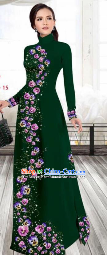 Asian Vietnam Traditional Female Costume Vietnamese Printing Deep Green Cheongsam Ao Dai Qipao Dress for Women