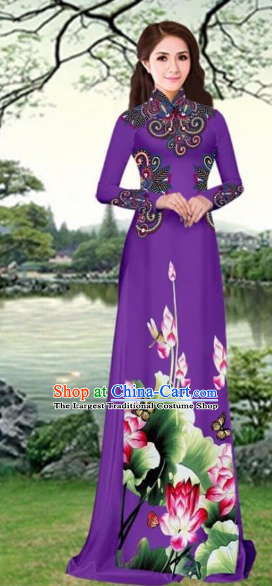 Asian Vietnam Traditional Female Costume Vietnamese Printing Black  Cheongsam Ao Dai Qipao Dress for Women
