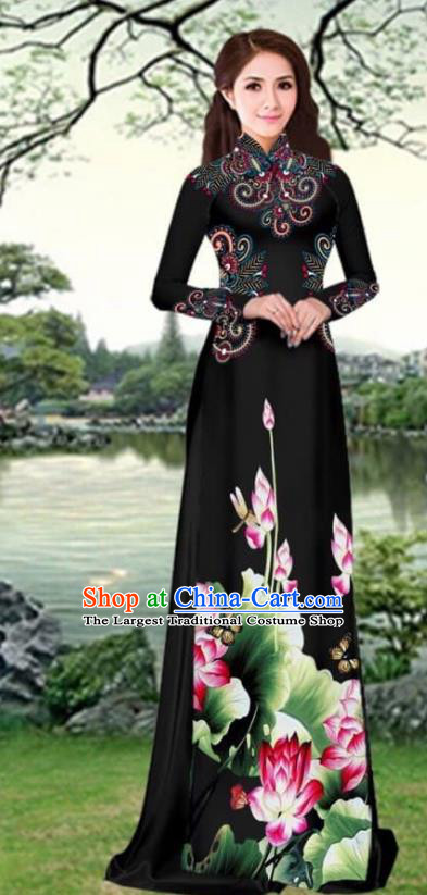 Asian Traditional Vietnam Female Costume Vietnamese Printing Lotus Black Cheongsam Ao Dai Qipao Dress for Women