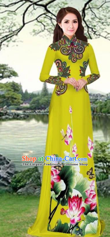 Asian Traditional Vietnam Female Costume Vietnamese Printing Lotus Olive Green Cheongsam Ao Dai Qipao Dress for Women