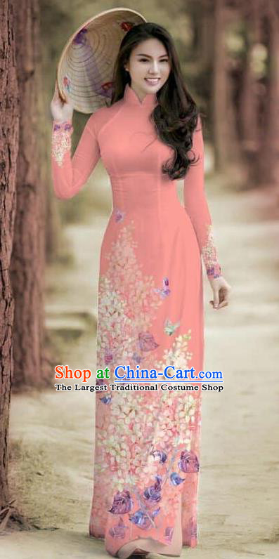 Asian Traditional Vietnam Female Costume Vietnamese Bride Cheongsam Peach Pink Ao Dai Qipao Dress for Women