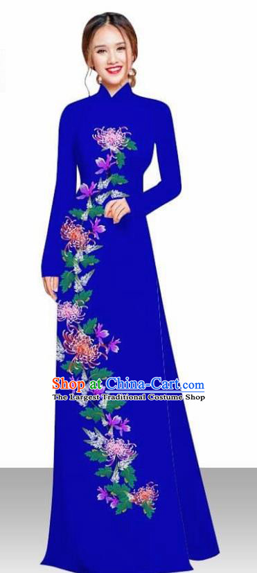 Asian Vietnam Traditional Female Costume Vietnamese Printing Chrysanthemum Royalblue Ao Dai Qipao Dress for Women