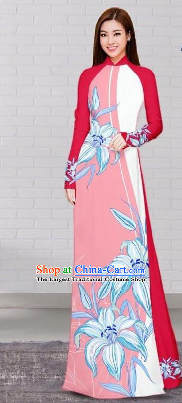 Asian Traditional Vietnam Costume Vietnamese Bride Cheongsam Pink Ao Dai Qipao Dress for Women
