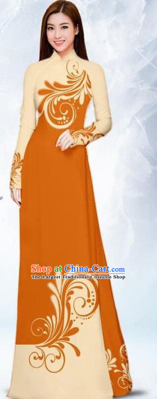 Asian Traditional Vietnam Female Costume Vietnamese Bride Orange Ao Dai Cheongsam for Women