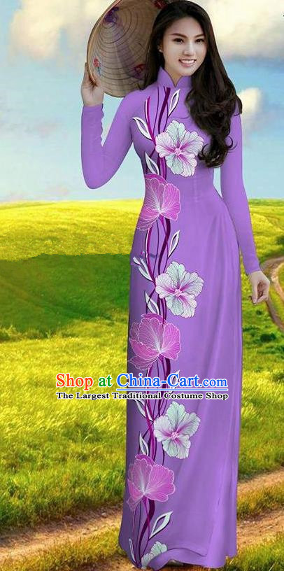 Vietnam Traditional Bride Costume Purple Qipao Dress Vietnamese Printing Morning Glory Ao Dai Cheongsam for Women