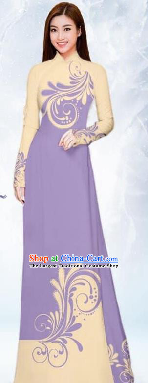 Asian Traditional Vietnam Female Costume Vietnamese Bride Lilac Ao Dai Cheongsam for Women