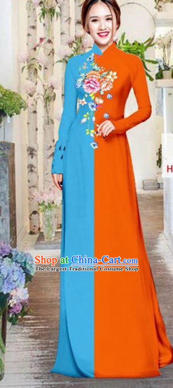 Vietnam Traditional Costume Orange and Blue Ao Dai Qipao Dress Vietnamese Cheongsam for Women