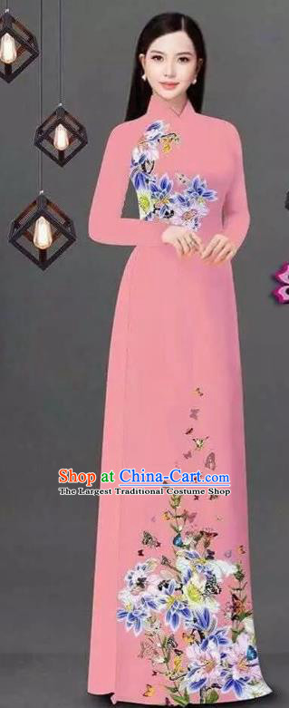 Vietnam Traditional Bride Costume Vietnamese Printing Flowers Pink Ao Dai Qipao Dress Cheongsam for Women