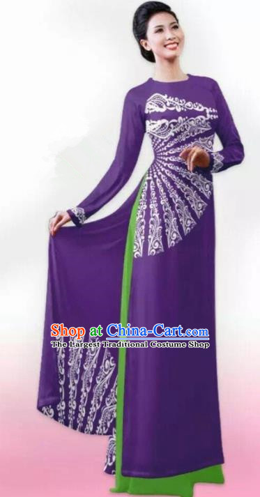 Vietnam Traditional Bride Costume Vietnamese Printing Purple Ao Dai Qipao Dress Cheongsam for Women