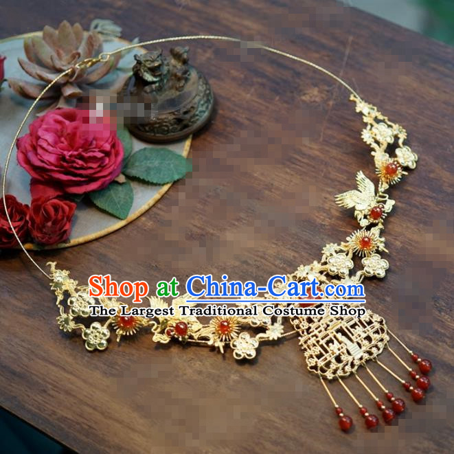 Chinese Traditional Wedding Hanfu Agate Crane Necklace Ancient Bride Palace Jewelry Accessories for Women
