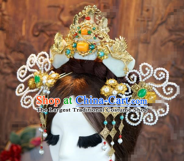 Chinese Ancient Hair Accessories Wedding Bride Hairpins Jade Phoenix Coronet for Women