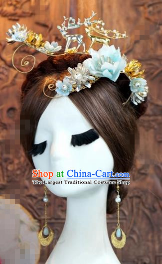 Chinese Ancient Queen Blue Flowers Hair Clip Wedding Bride Hairpins Headdress for Women