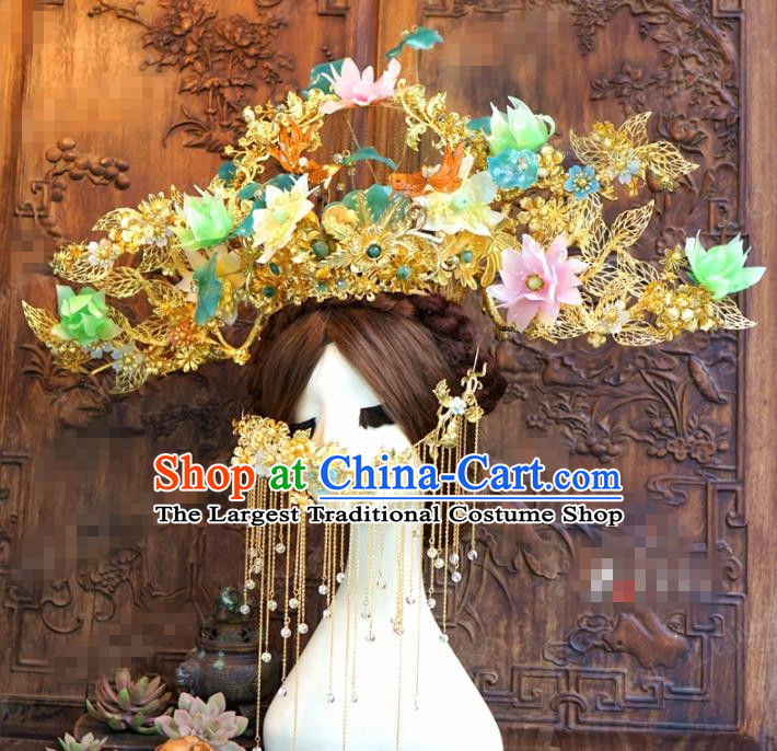 Chinese Ancient Queen Luxurious Lotus Flowers Phoenix Coronet Wedding Bride Headdress Hairpins for Women