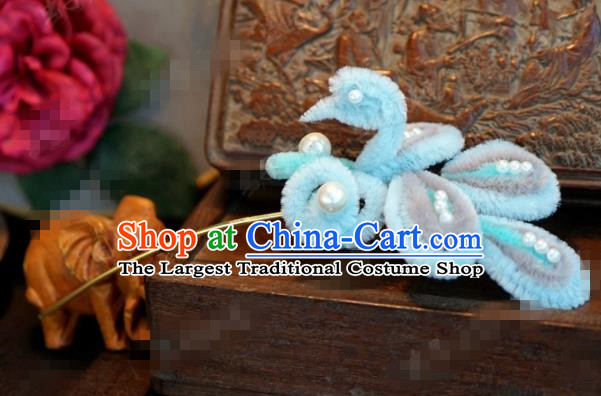 Chinese Ancient Queen Blue Velvet Hair Clip Wedding Bride Headdress Hairpins for Women
