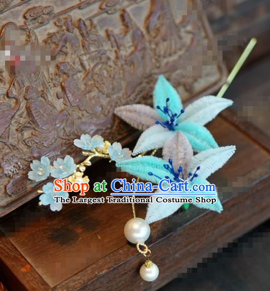 Chinese Ancient Queen Blue Velvet Flowers Hair Clip Wedding Bride Headdress Hairpins for Women