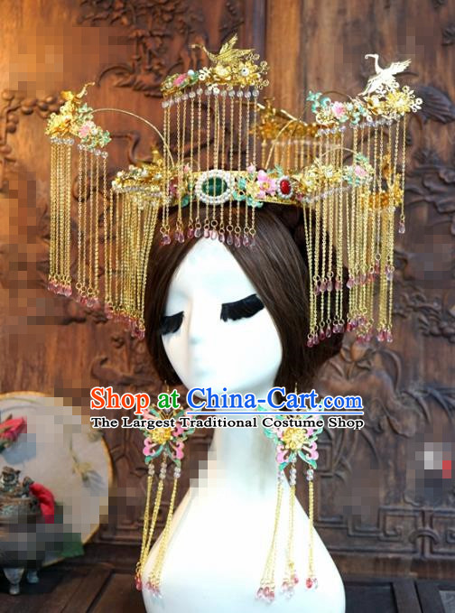 Chinese Ancient Bride Hair Accessories Wedding Tassel Phoenix Coronet Crane Hairpins for Women