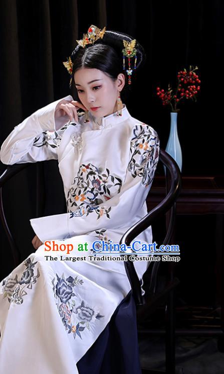 Chinese Ancient Manchu Lady Embroidered Dresses Qing Dynasty Drama Princess Costumes and Headpiece Complete Set