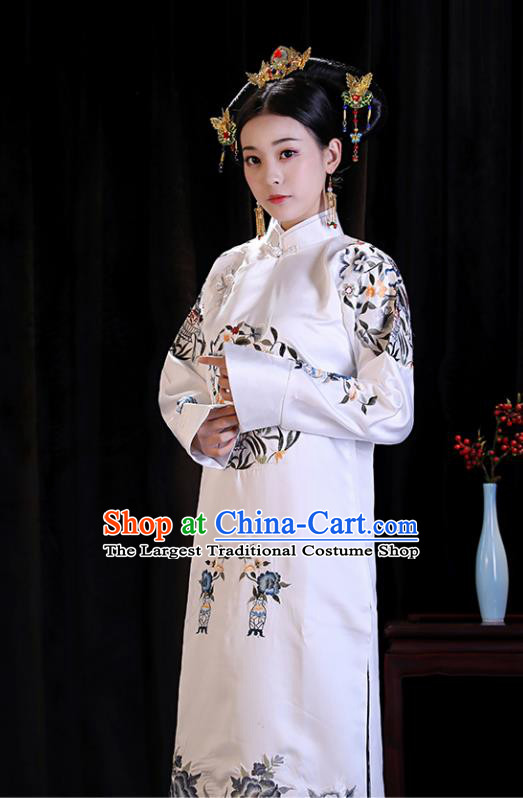 Chinese Ancient Manchu Lady Embroidered Dresses Qing Dynasty Drama Princess Costumes and Headpiece Complete Set