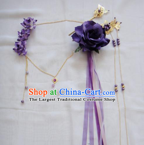 Chinese Traditional Classical Hair Accessories Ancient Princess Purple Flowers Hairpins for Women