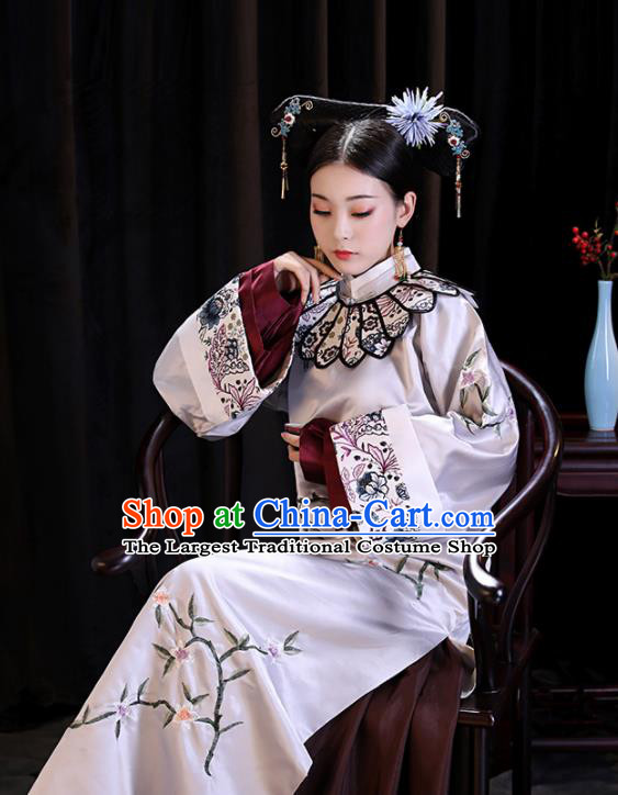 Chinese Ancient Palace Lady Embroidered Dresses Qing Dynasty Drama Manchu Imperial Consort Costumes and Headpiece Complete Set