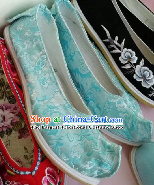 Chinese Traditional Hanfu Shoes Embroidered Shoes Handmade Blue Satin Shoes for Women