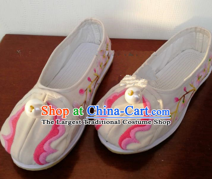 Chinese Traditional Hanfu Shoes Embroidered Shoes Handmade White Cloth Shoes for Women