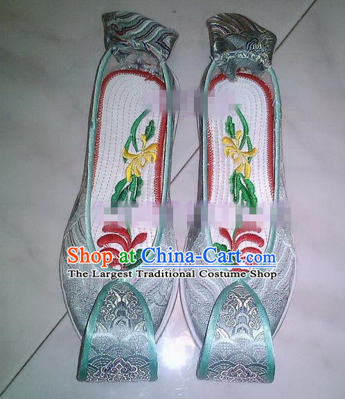 Chinese Traditional Hanfu Shoes Ancient Princess Green Satin Embroidered Shoes Handmade Shoes for Women